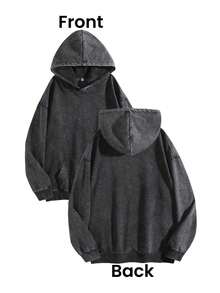 Men's Hooded Sweatshirt 400G, Heavyweight Loose Fit Hoodie, Solid Color Unisex Style, Fall & Winter Casual Wear, Couple Matching Clothing, Winter OOTD - 黑色 - 查看 2