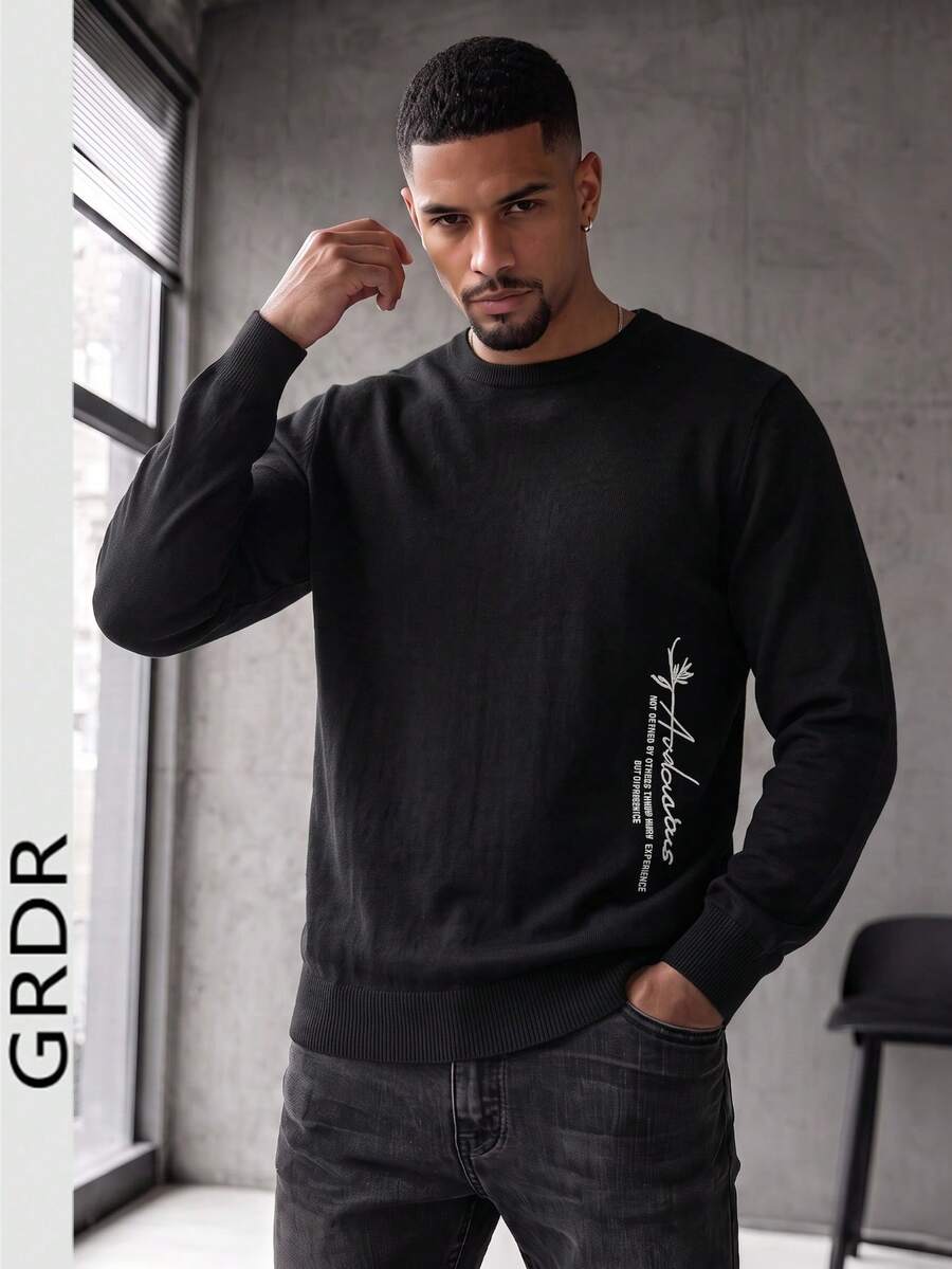 GRDR 男士新款極簡創意英文刺繡圓領長袖針織上衣,日常通勤休閒百搭上衣 - 黑色 - 查看 1