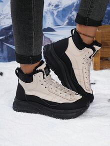 Women's High-Top Snow Boots With Fur Lining, Warm Winter Boots With Laces And Thick Anti-Slip Soles, Color-Blocking Design - Off-black - View 2