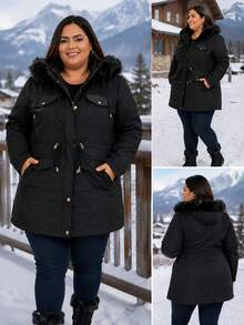 Casaco Parka de Sarja Plus Size Pelúcia Com Capuz Removível E ajuste Na Cintura E Bolsos  Casual    Jeans    Botão  Zíper    casaco feminina  Noite  Diário    inverno - Preto - Visão 2