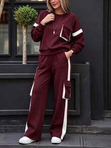 Spring/Autumn Casual Women's Fashion Commute Set, Comfortable Loose Long Sleeve Top + Straight Leg Pants 2 Pieces Set, Versatile Contrast Color Top With High Waist Drawstring Loose Straight Leg Pants 2 Pieces Set - Burgundy - View 8