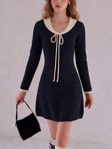 Women's Knitted Mini Sweater Dress, Contrast Color Collar And Drawstring Design, Long Sleeve Slim Fit Autumn/Winter Casual Style - Black - View 5