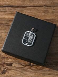 Minimal Retro Stainless Steel Necklace For Men, Rectangular Tree Of Life Pattern Pendant With Snake Chain, Daily Wear & Holiday Gifts - Silver - View 4