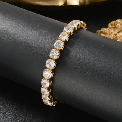 Light Luxury Hip-Hop Style 18K Gold-Plated Zirconia Tennis Bracelet, Dazzling Suitable Daily Dinners Party Wear,Delicate Gift Suitable Both Men Women