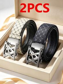 2pcs New Fashion Men's Belt, Classic Letter Design, High Quality Alloy Automatic Buckle, Exquisite Printing, Lightweight & Business Style - Multicolor - View 3