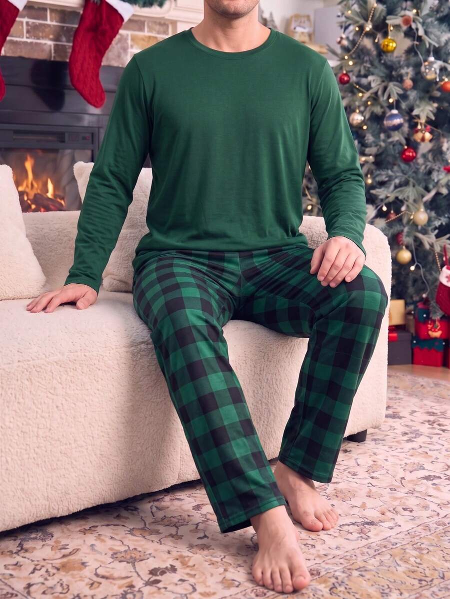 Men's Plus Size Solid Color Long Sleeve Top + Green & Black Plaid Pants Casual Loungewear 2 Pieces Set - Green - View 1