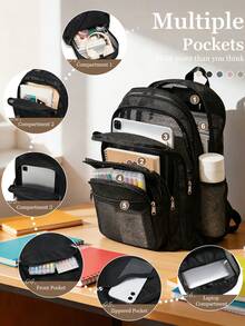 Mochila de malla transpirable negra con múltiples compartimentos, mochila escolar de gran capacidad para estudiantes, mochila casual de malla hueca, mochila escolar de campus ligera que reduce la carga, almacenamiento multicapa con múltiples bolsillos para tableta, libros y artículos de papelería, diseño de bolsillo lateral para botella de agua, mochila versátil unisex para adolescentes, mochila simple para viajes y desplazamientos diarios, correas acolchadas de malla transpirable, mochila casual de gran capacidad para portátil, mochila para desplazamientos en el campus y viajes cortos, mochila de malla transpirable y resistente al desgaste práctica para clases y actividades al aire libre - Multicolor - Ver 5