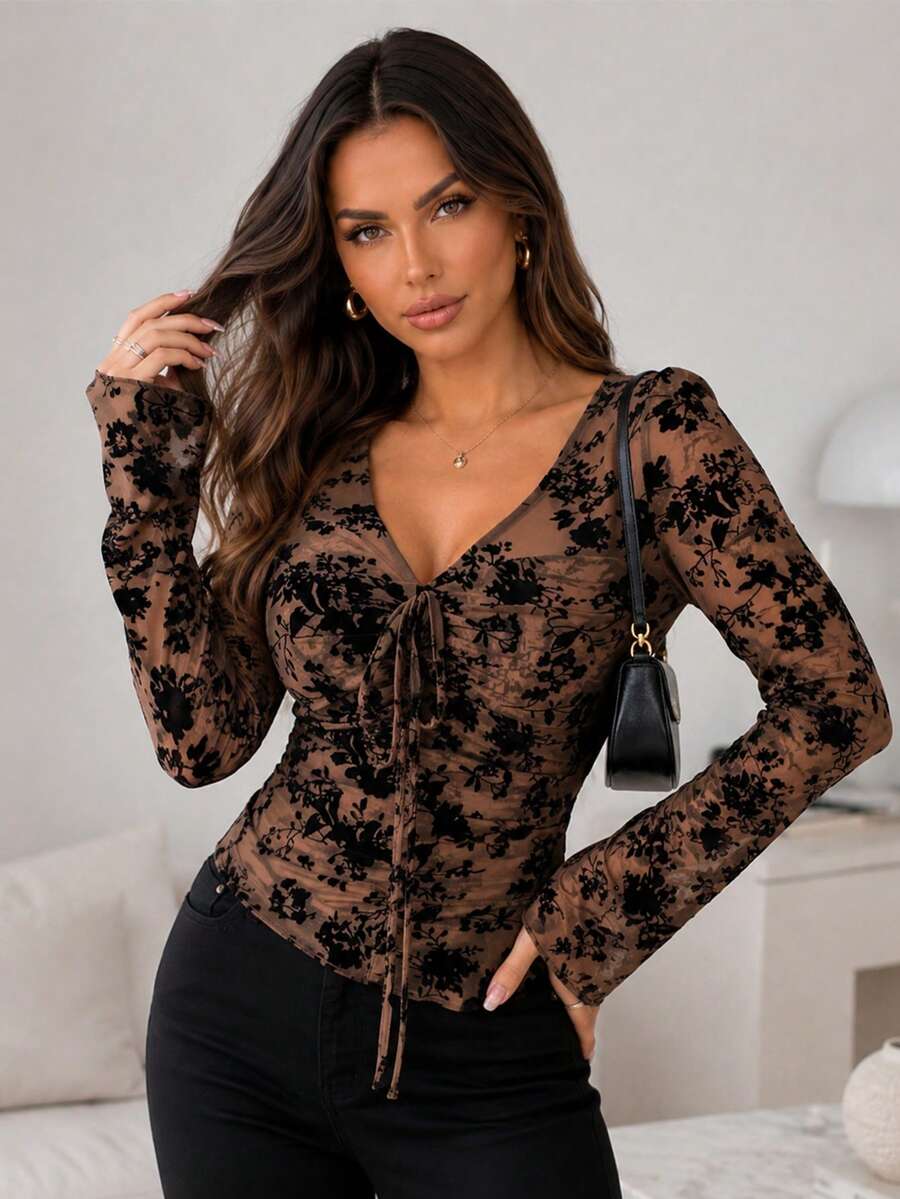 ChicMe Women's Deep V-Neck Mesh Top, Flocked Floral Drawstring Ruched Slim Fit Blouse, Lined Bell Sleeve Long Sleeve Top - Coffee Brown - View 1