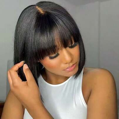 Dollface Remy Brazilian Straight Bob Wig With Natural Bangs, 200% Density, No Lace Front, Fully Machine-Made, Glueless Wig For Women