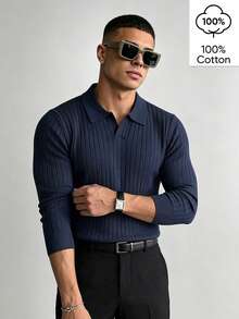 WAIT HIM 100% Cotton Men's Casual Solid Color Long Sleeve Ribbed Undershirt - Navy Blue - View 2