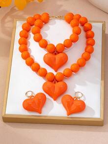 4pcs Fashion Red Beaded Heart Bracelet, Earrings, Necklace Set, Suitable For Women's Daily, Vacation, Beach, Party Wear, Gift - Orange - View 2
