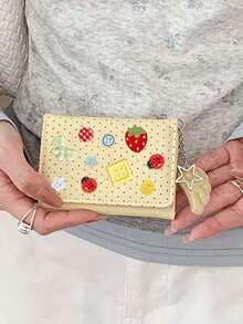 Cute Polka Dot 3-Fold Wallet With Button Decor & Star Wing Charm,Cute Ladybug Portable Coin Purse,Compact Women's Short Purse,Daily Card Organizer - Multicolor - View 5