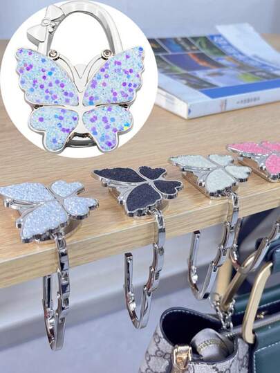 1pc Foldable Butterfly Bag Hook, Desktop Edge Bag Holder, Ins Style Portable Handbag Rack, Non-Adhesive Clip Design, Space-Saving Durable Lightweight, Suitable For Home Office Kitchen Travel, Ideal Gift For Women, Halloween Party Supplies