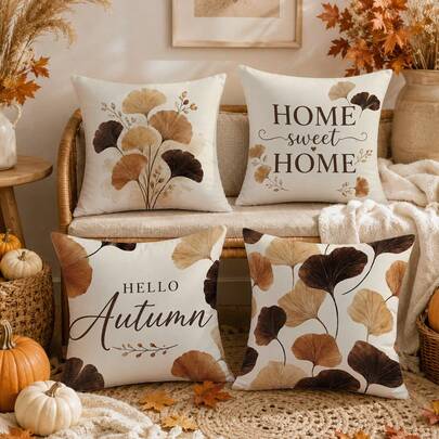 4pcs Autumn Coffee Brown Ginkgo Leaf Warm Home Slogan Pattern Cushion Covers, Single-Sided Printed Skin-Friendly Peach Skin Velvet Material, 45*45CM Pillow Covers Suitable For Room Decoration, Indoor Sofa Living Room Decoration Party Decoration, Decorative Cushion Covers Gift