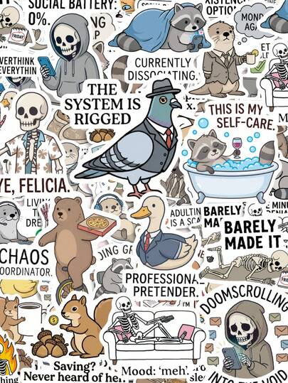 56 Peças Adesivos Engraçados e Sarcásticos para Diário Adulto, Padrões Decorativos Humorísticos de Cura de Estresse no Trabalho, Deitar-se, Preguiça e Fuga Mental, Adequado para Scrapbook, Copo, Tablet, Mala, Estojo de Lápis