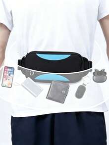 Black & Light Blue Colorblock Running Waist Bag, Multifunctional Sports Waist Pack, Adjustable Elastic Waistband Bag - Multicolor - View 6