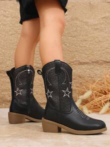 1 Pair Autumn/Winter Cool Black Denim Mid-Calf Boots With Embroidery Patchwork, Non-Slip Chunky Heel For Girls - Black - View 5