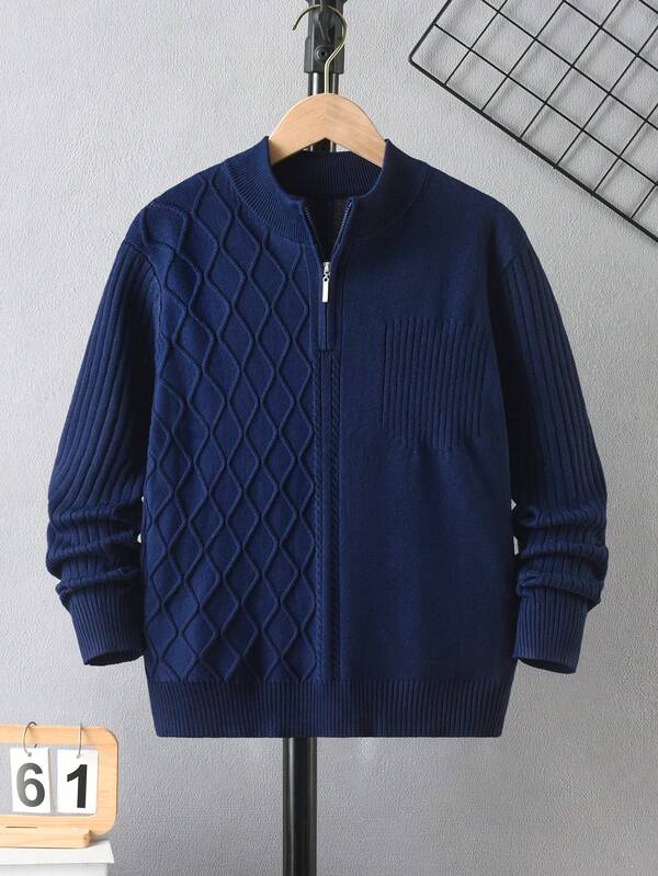 Boys' Simple Argyle Patchwork Half-Zip Mock Neck Long Sleeve Knit Sweater, Textured Casual Pullover, Versatile For Daily Wear, School, Spring, Autumn, Winter