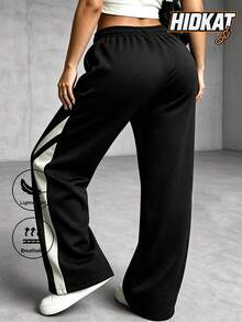 Women's Autumn Colorblock Casual Sports Long Pants With Drawstring Elastic Waistband And Pockets, Lightweight For Street And Outdoor Wear - Black - View 3