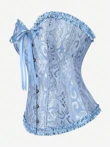 緊身束腰上衣 胸前式 Bustier 經典緹花 無肩帶 心形領口 荷葉邊飾 腰部塑形 宮廷復古風 萬聖節 腹部加壓收腰束腹帶 - 霧霾藍 - 查看 3