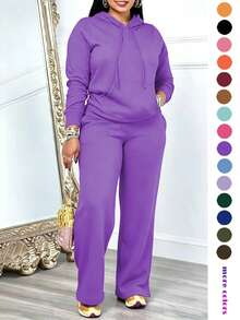Women's Casual 2-Piece Set Solid Color Elegant Long Sleeve Hooded Drawstring Pocket Sweatshirt & Straight Leg Pants Set, Lightweight And Soft, Suitable For Spring And Summer - Purple - View 2