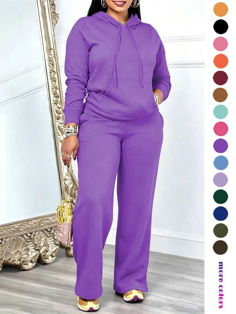 Women's Casual 2-Piece Set Solid Color Elegant Long Sleeve Hooded Drawstring Pocket Sweatshirt & Straight Leg Pants Set, Lightweight And Soft, Suitable For Spring And Summer