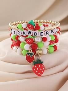 5pcs Bohemian Cute Sweet Pastoral Versatile Fashion Handmade Beaded Soft Clay, CCB, Letter, Strawberry Pendant, Layered, Elastic, Multi-Layer, Beaded Bracelet Set Suitable For Women Music Festival, Party, Bar, Large Gathering Perfect Gift, Gift For Friends And Family, All Seasons, Travel, Photography, Casual, Vacation Daily Wear - Multicolor - View 9