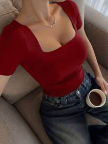 Casual Elegant Versatile Short Sleeve Boat Neck Top, Suitable For Daily Wear, Commuting, Going Out, Spring & Summer Red - Red - View 5