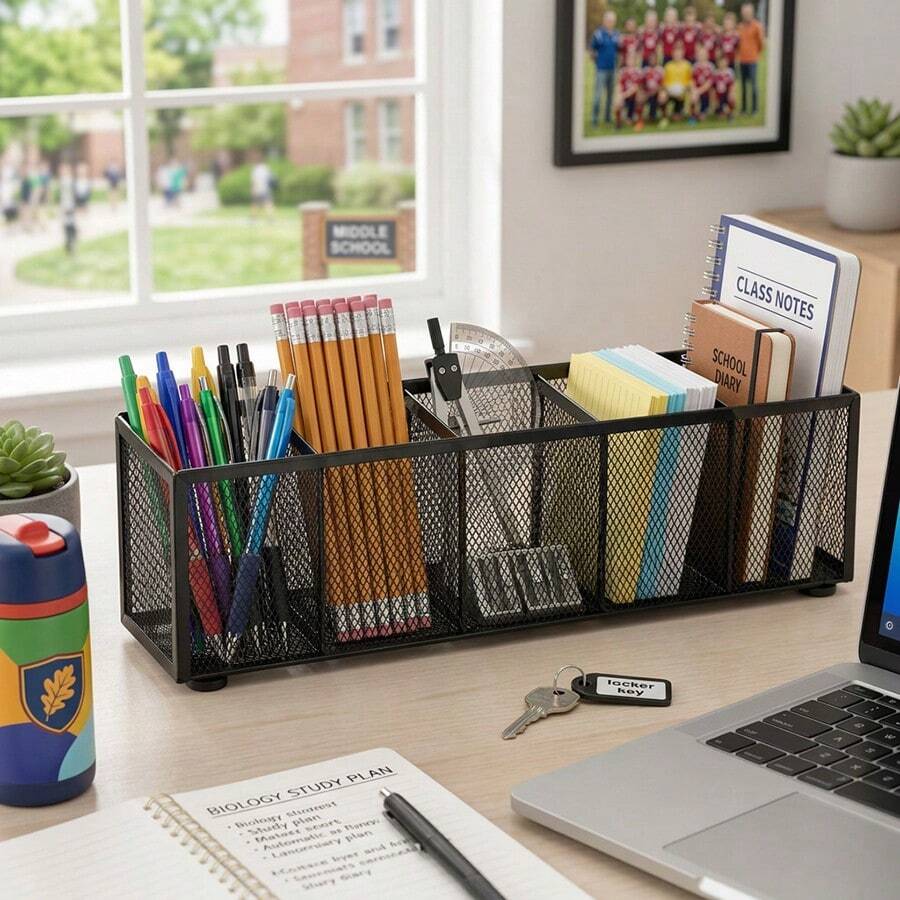 Black Mesh Pen Holder, 5-Slot Desk Organizer With Non-Slip Base, Multi-Functional Storage Caddy For Office Supplies & School Desktop - Rectangle - View 1