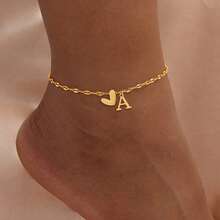 1 pieza Tobillera de cadena de labios con inicial de corazón, color dorado, de acero inoxidable, estilo clásico y sencillo para mujer - Amarillo Oro - Ver 1