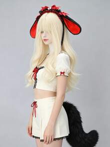 2pcs Handmade Cute Sweet Fluffy Lolita Bow Alice Rabbit Ears Costume Set, Includes Lace Rabbit Ears Headband + Rabbit Tail, Suitable For Theme Party/Cosplay/Gathering/Masquerade/Halloween And Other Occasions, Also Suitable As Photography Props - Multicolor - View 3