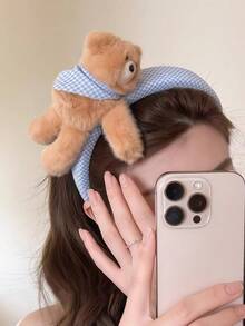 1pc Cartoon Checkered Plush T Bear Hairband, Versatile For All Occasions, Hair Tie To Hold Back Messy Hair, Wide-Edge Headband, Hair Accessory. - Multicolor - View 4