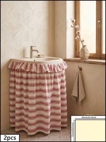 1/2pcs Beige With Red Horizontal Stripes Fabric Wash Basin Skirt, Warm Pastoral Style, Round Top With Ruffle Edge And Gathered Hem Detail, Covers Wash Basin Pipes And Decorative Beautification Function, Suitable For Warm Tone Bathroom And Cozy Home Decor Scenes - Red - View 11