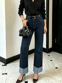 Women's High Waist Straight Leg Jeans, Dark Blue Cuffed Hem Denim Pants, Slim Fit Commuting Casual Versatile Style Fall - Dark Wash - View 9