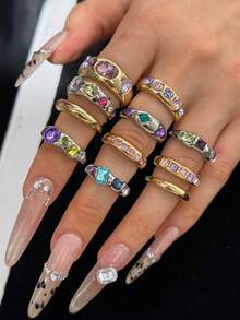 11pcs Set Exquisite Vintage Fashion Elegant Elegant Sophisticated Versatile Colorful Rhinestone Gold & Silver Rings Set For Women Daily Wear Vacation Date Holiday Party Jewelry - Multicolor - View 2
