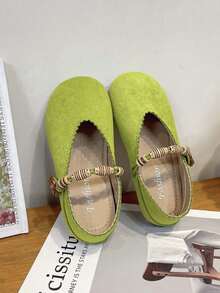Girls' Vintage Shallow-Cut Mary Jane Shoes, Spring/Autumn Soft Sole Hook And Loop Flower Decor Princess Shoes - Green - View 4