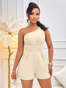 AIJ Fall Women One‑Shoulder Short Romper, Twist Front High Waist Jumpsuit With Adjustable Spaghetti Strap Back For Daily Dating Club Party Going‑Out Wear - Light Apricot - View 6