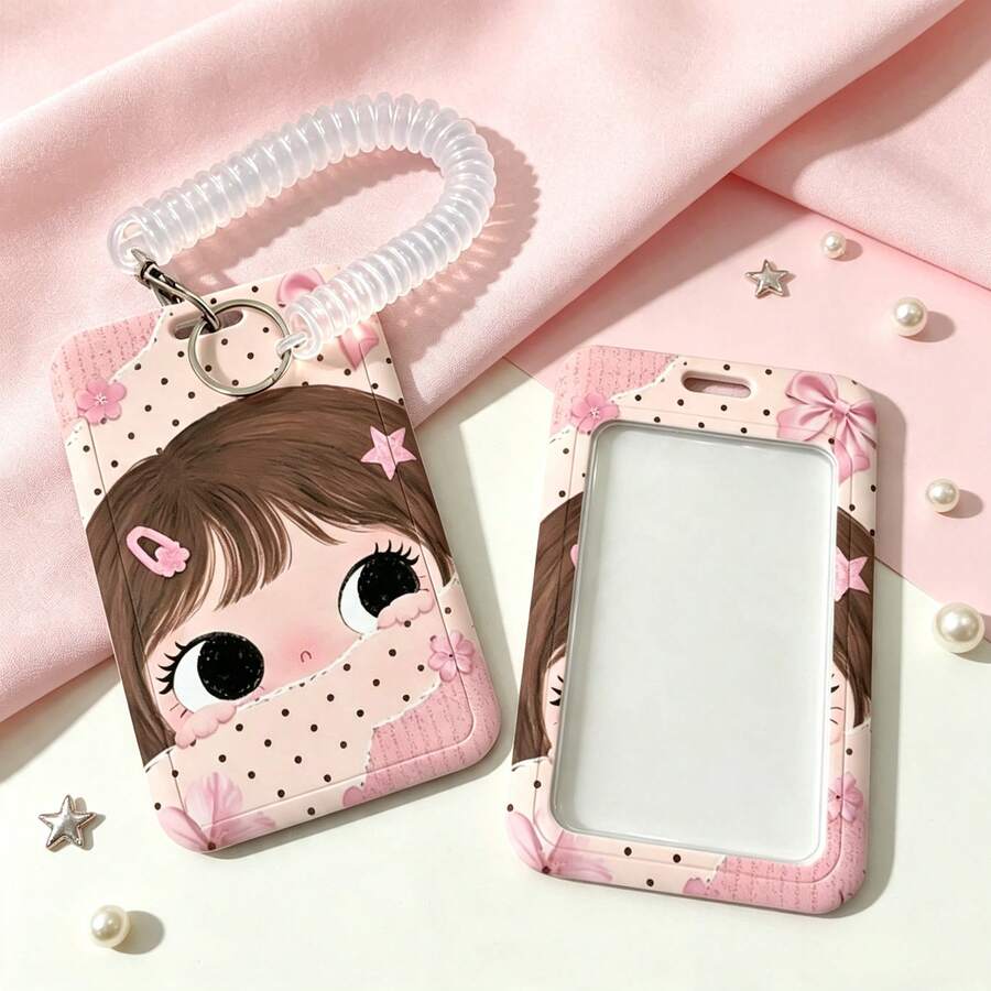 Kawaii Girl Slide‑Open Card Holder Hard ID Card Protector With Coil Wrist Strap For Student Campus Bus Meal Card - A - View 1