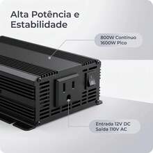 Inversor de Tensão Automotivo 800W (Pico 1600W), Conversor 12V para 110V Onda Senoidal Corrigida, Display Digital, Tomada Padrão Brasileiro, 2 Portas USB QC3.0, Sistema de Refrigeração por Ventilação, Ideal para Carro, Acampamento, Energia Solar e Uso Emergencial L - A - Visão 2