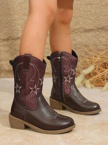1 Pair Burgundy Glitter Embroidered Girls' Denim Boots, Low Chunky Heel, Mid-Calf Boots, Versatile For Runway And Casual Wear - Burgundy - View 3