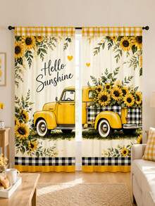 2pcs Beige American Country Style Printed Curtains, Vintage Yellow Pickup Truck Loaded With Sunflowers, Black White Yellow Plaid Trim, Hello Sunshine Heart Pattern, Pastoral Healing Living Room Bedroom Soft Light Semi-Sheer Curtains - Multicolor - View 5
