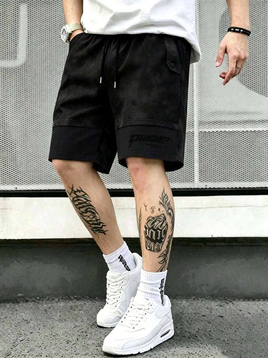 男士夏季輕量短款戶外休閒時尚運動快乾印花百慕達短褲 - 黑色 - 查看 1