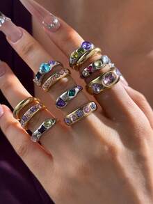 11pcs Set Exquisite Vintage Fashion Elegant Elegant Sophisticated Versatile Colorful Rhinestone Gold & Silver Rings Set For Women Daily Wear Vacation Date Holiday Party Jewelry - Multicolor - View 3