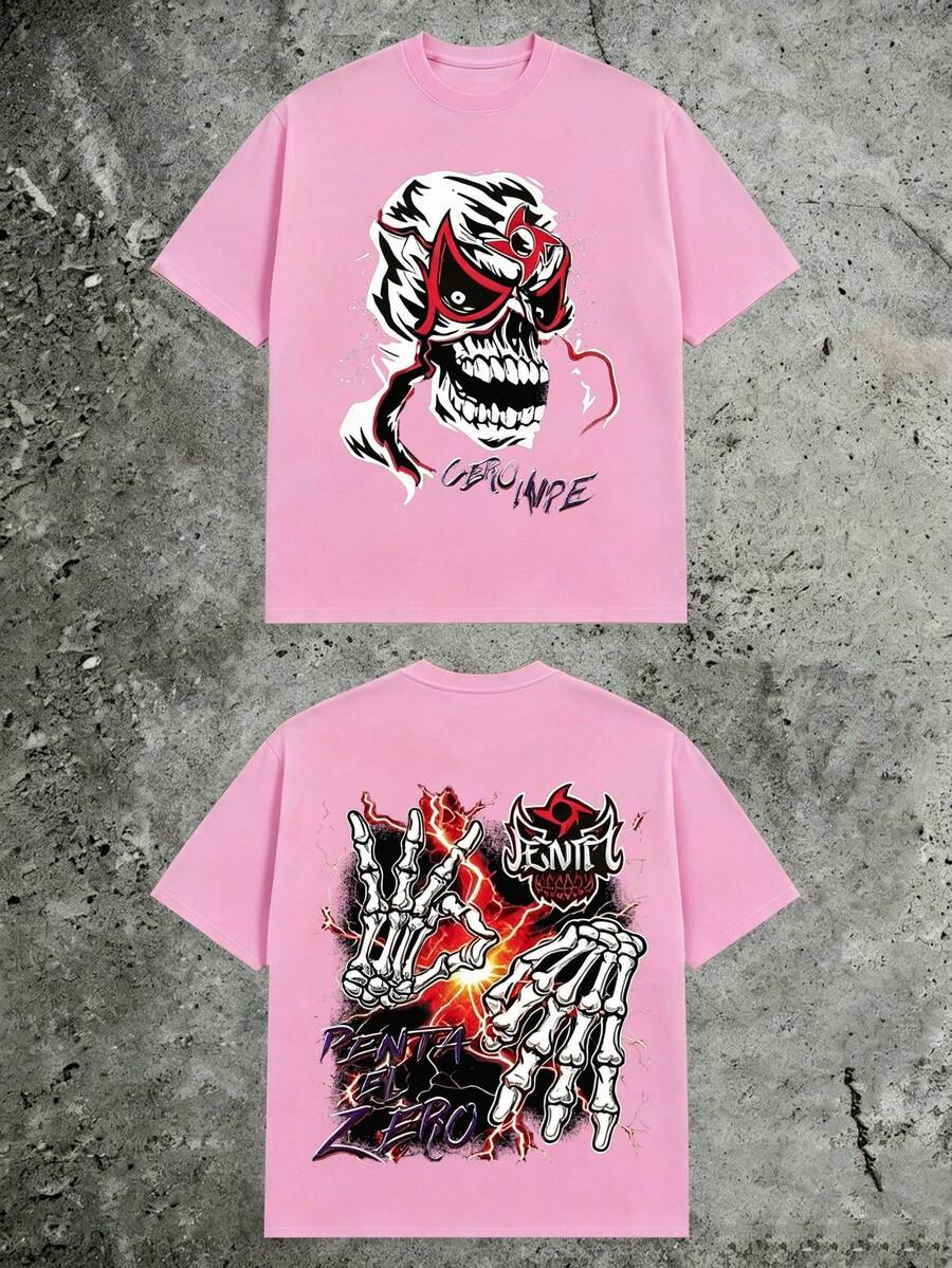 Gothic Grunge Luchador Skull Mask Tee, Double‑Sided Skeleton Hands Lightning Bold Print, 180g Pure Cotton Streetwear Short Sleeve For Men - 粉紅色2 - 查看 1