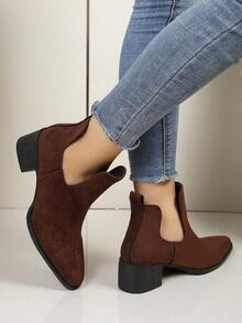 WTKMRSSTEP Minimalist V-Neck Chelsea Boots Women Pointed Toe Chunky Heel Vintage Style Versatile Ankle Boots - Brown - View 4
