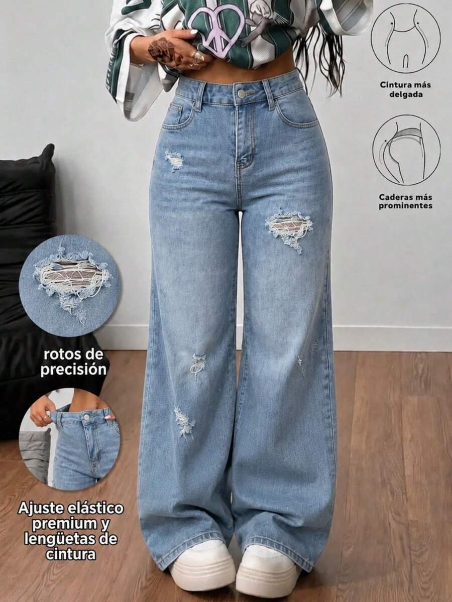 Pantalones rectos de mezclilla azul claro lavados con roturas, cintura media, elásticos y con caída elegante - Lavado ligero - Ver 1