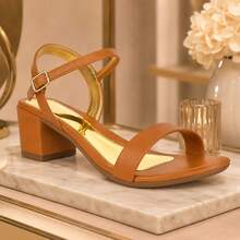 Sandália Feminina Salto Bloco Médio 6 cm Confortável Fivela Casual Elegante Festas Trabalho Clássica - Caramelo - Visão 7