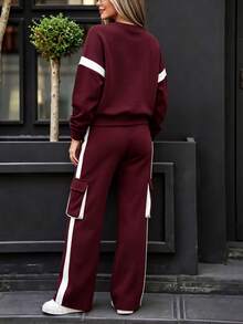 Spring/Autumn Casual Women's Fashion Commute Set, Comfortable Loose Long Sleeve Top + Straight Leg Pants 2 Pieces Set, Versatile Contrast Color Top With High Waist Drawstring Loose Straight Leg Pants 2 Pieces Set - Burgundy - View 9