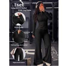 2pcs Black Zipper Jacket & High Waist Tummy Control Butt Lifting Wide Leg Pants Women's Commute Travel Casual Set - Black - View 4