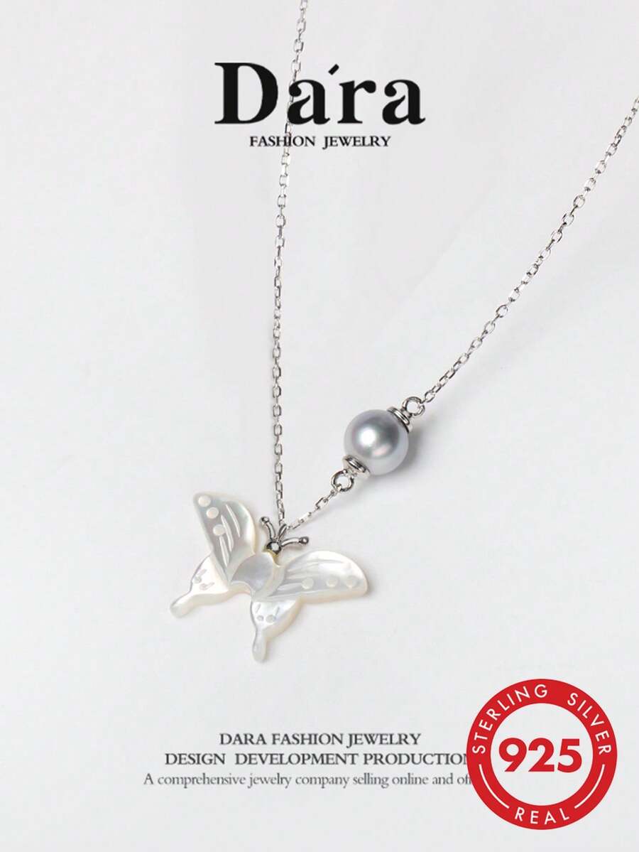 DARA Akoya Pearl Pendant S925 Silver 6-7mm Round Pearl Butterfly Design Playful & Lively Style - Multicolor - View 1